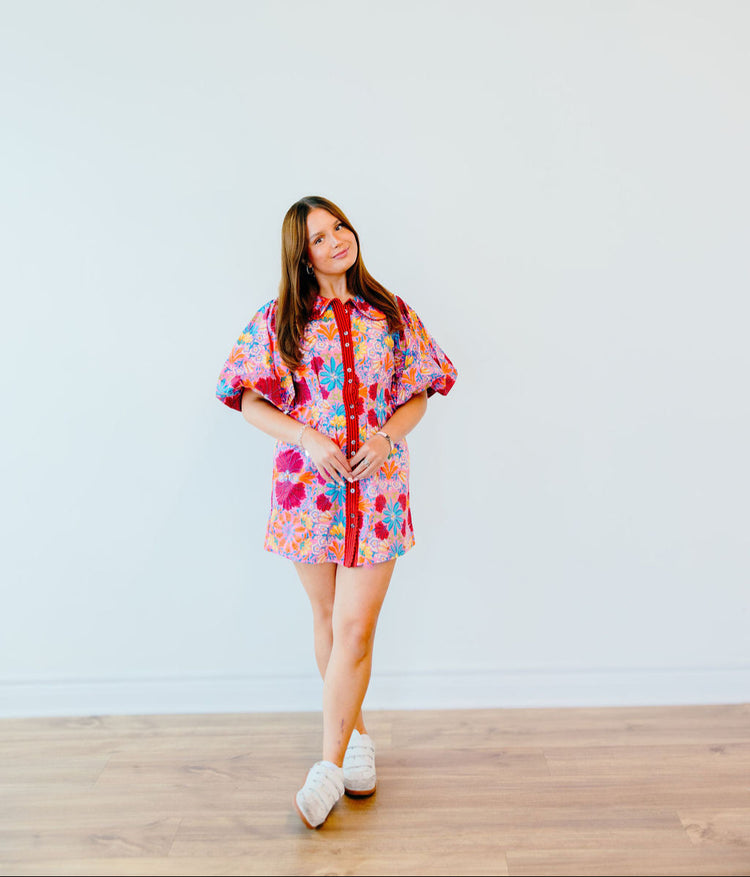 Groovy Floral Puff Sleeve Mini Dress