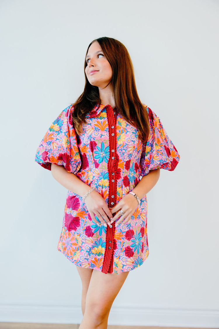 Groovy Floral Puff Sleeve Mini Dress