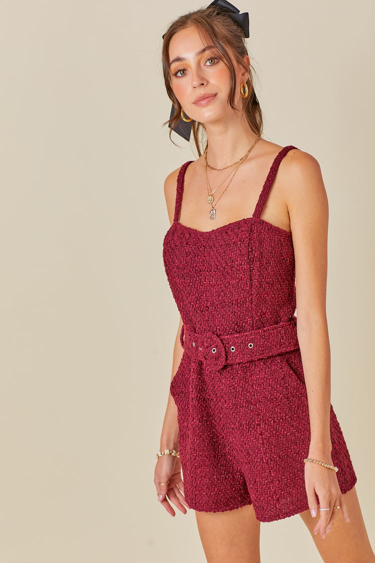 Rowdy Belted Romper - Maroon Tweed