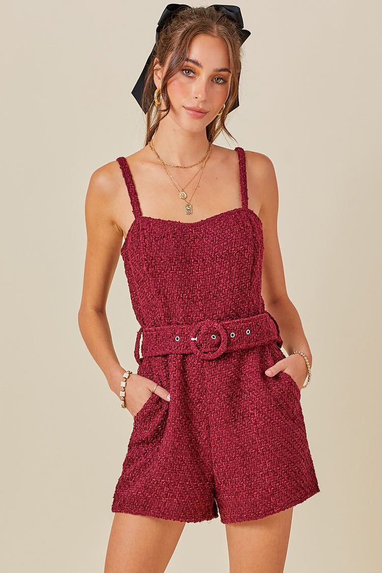 Rowdy Belted Romper - Maroon Tweed