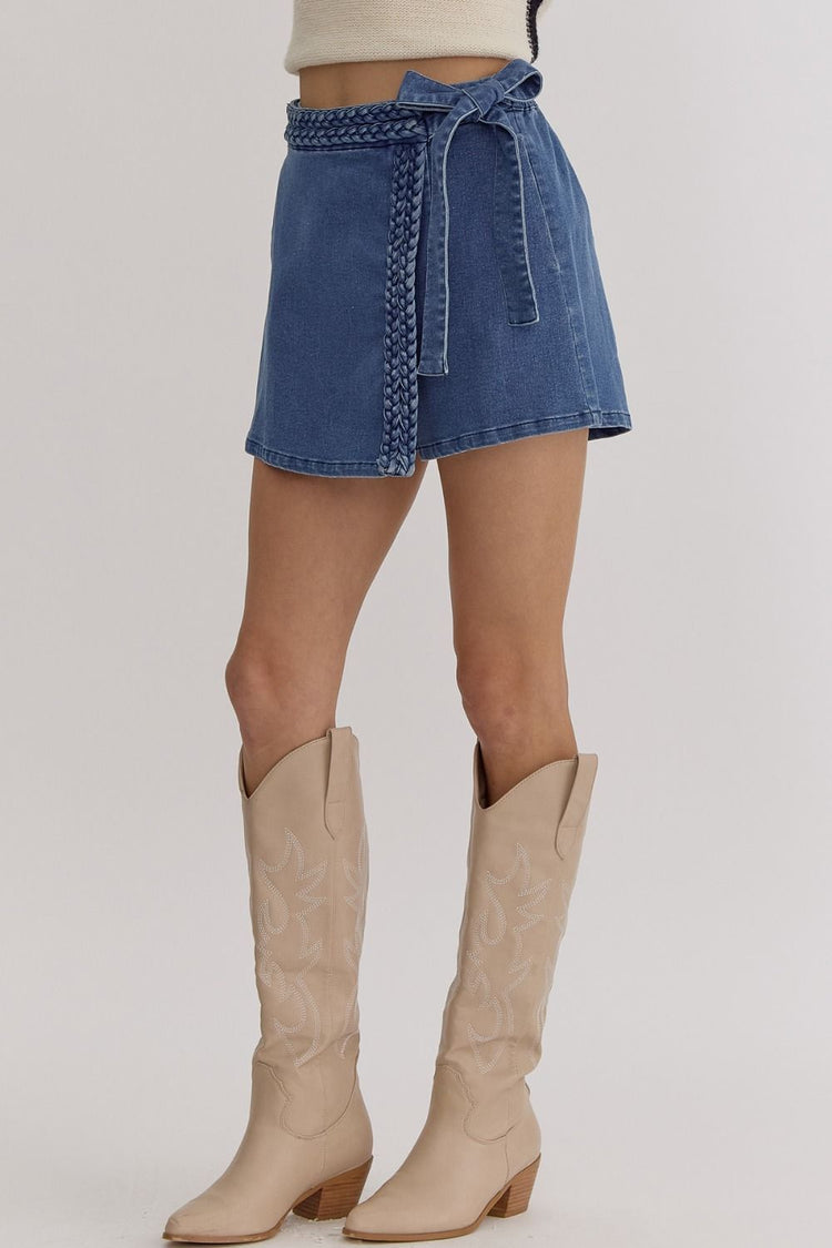 Blue Braided Bow Denim Skort