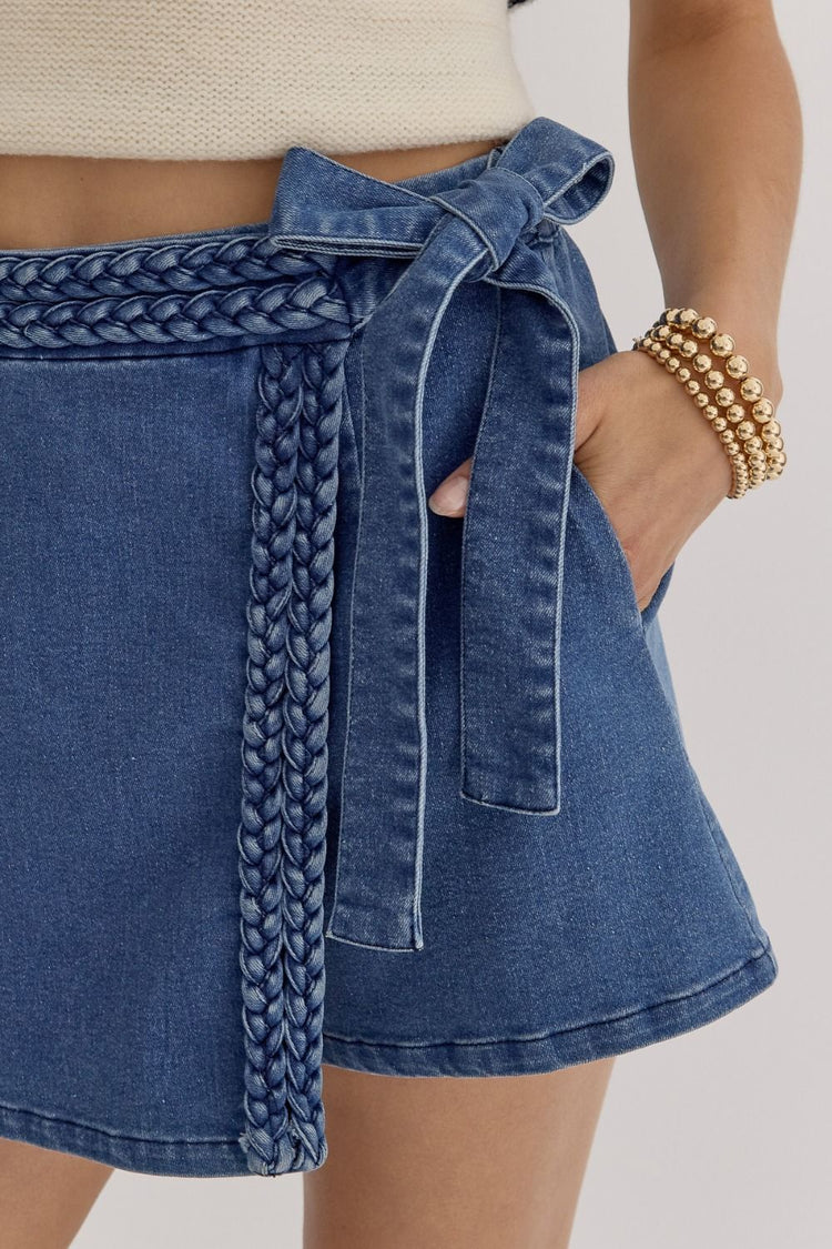 Blue Braided Bow Denim Skort