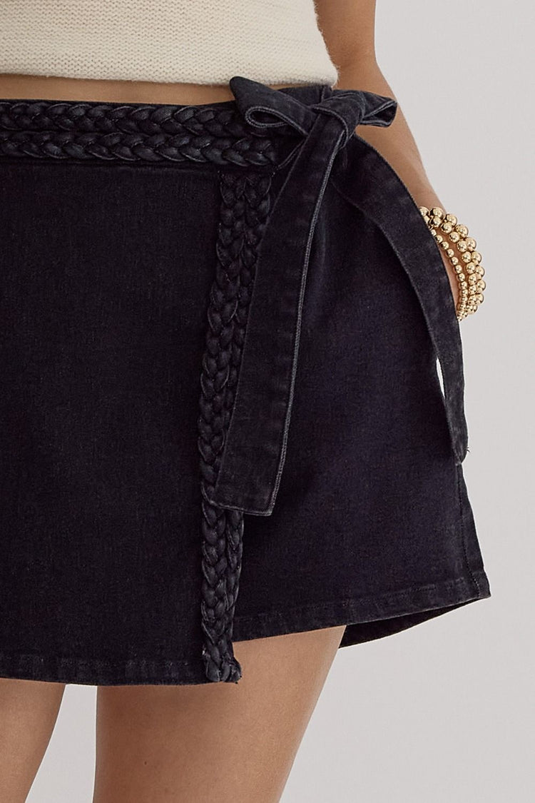 Black Braided Bow Denim Skort