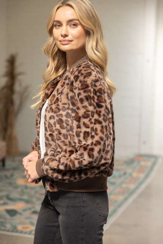 Leopard Faux Fur Bomber Jacket