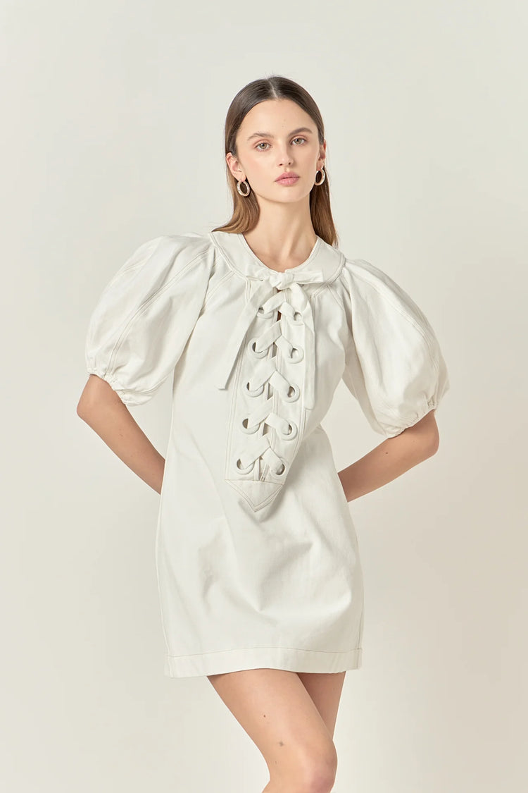 Laced Up Puff Sleeve Mini Dress