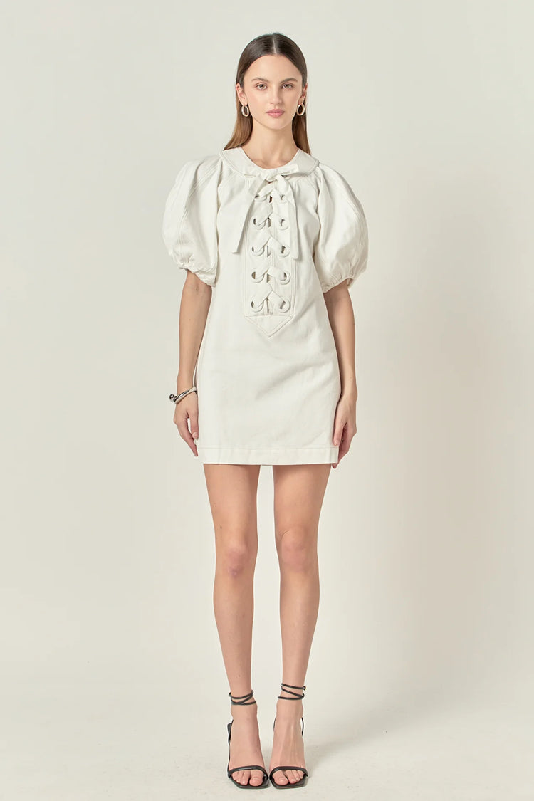 Laced Up Puff Sleeve Mini Dress