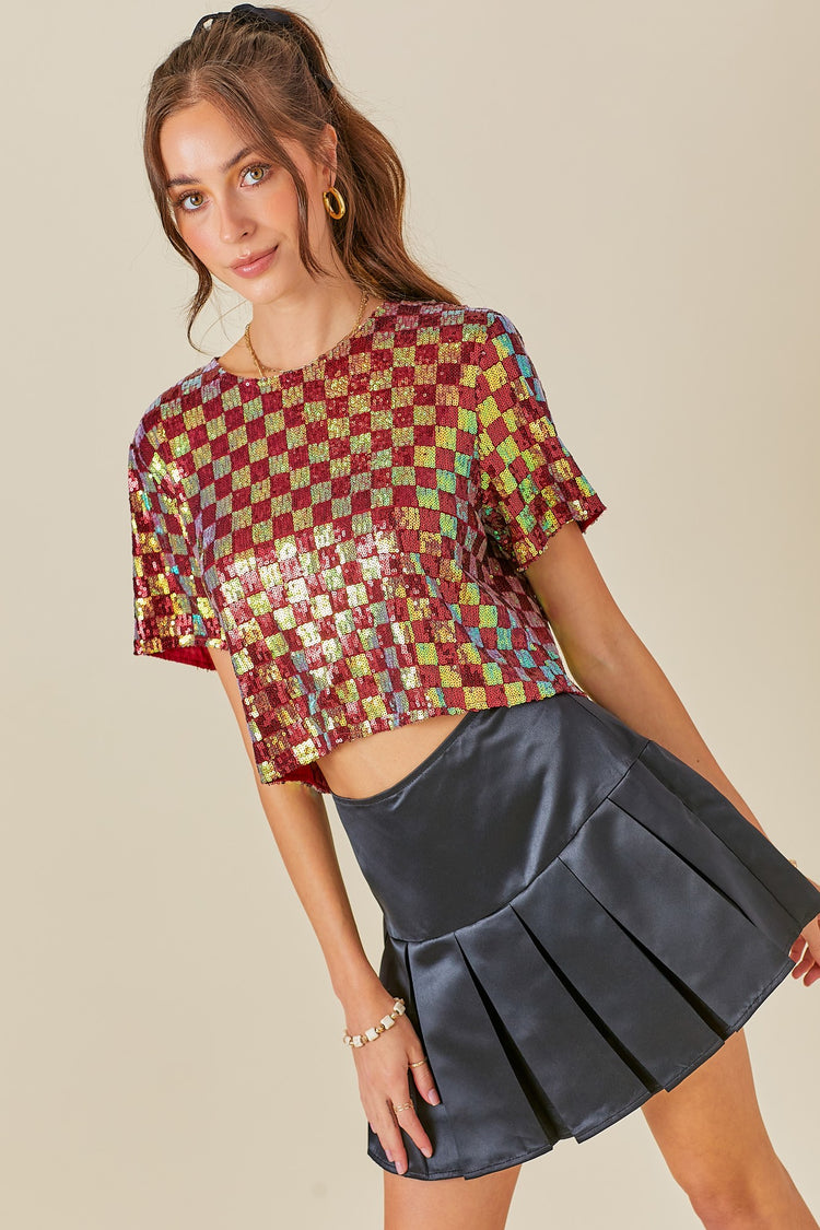 Game Day Glitz Checkered Sequin Crop Top