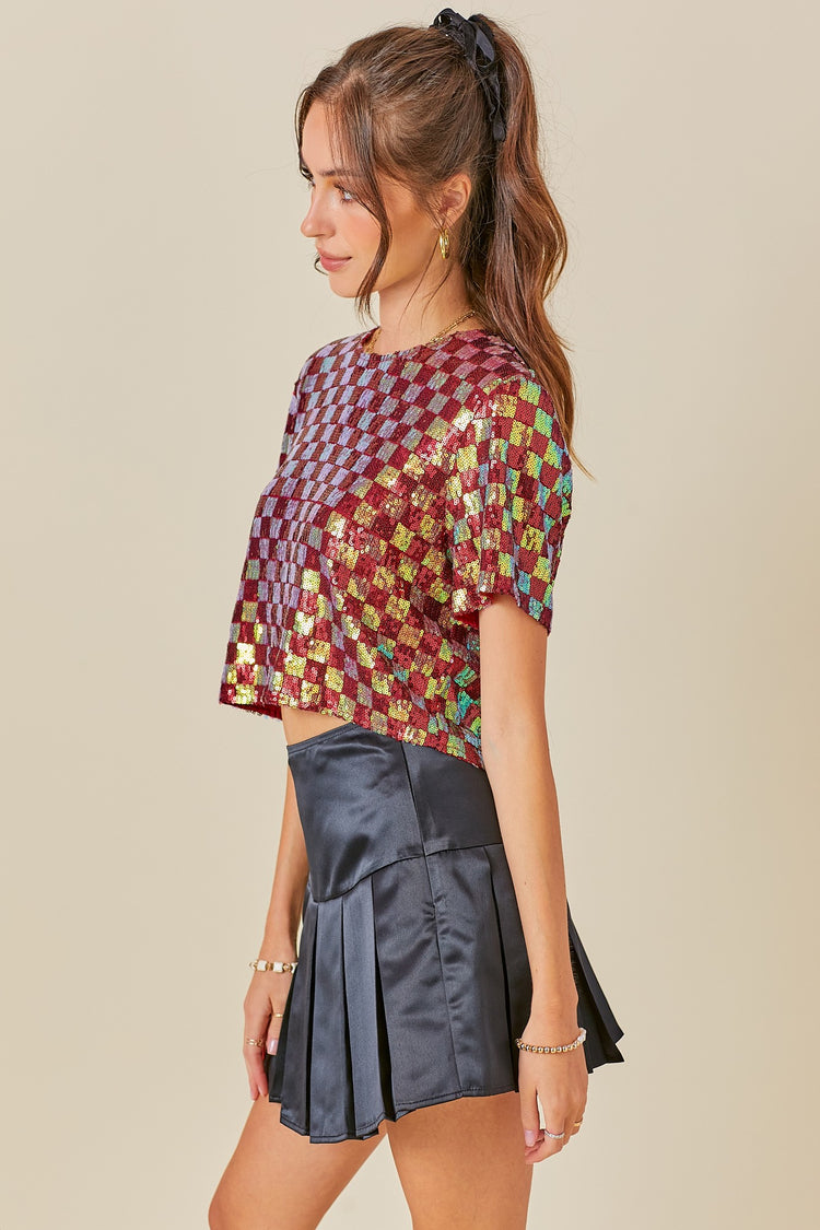 Game Day Glitz Checkered Sequin Crop Top