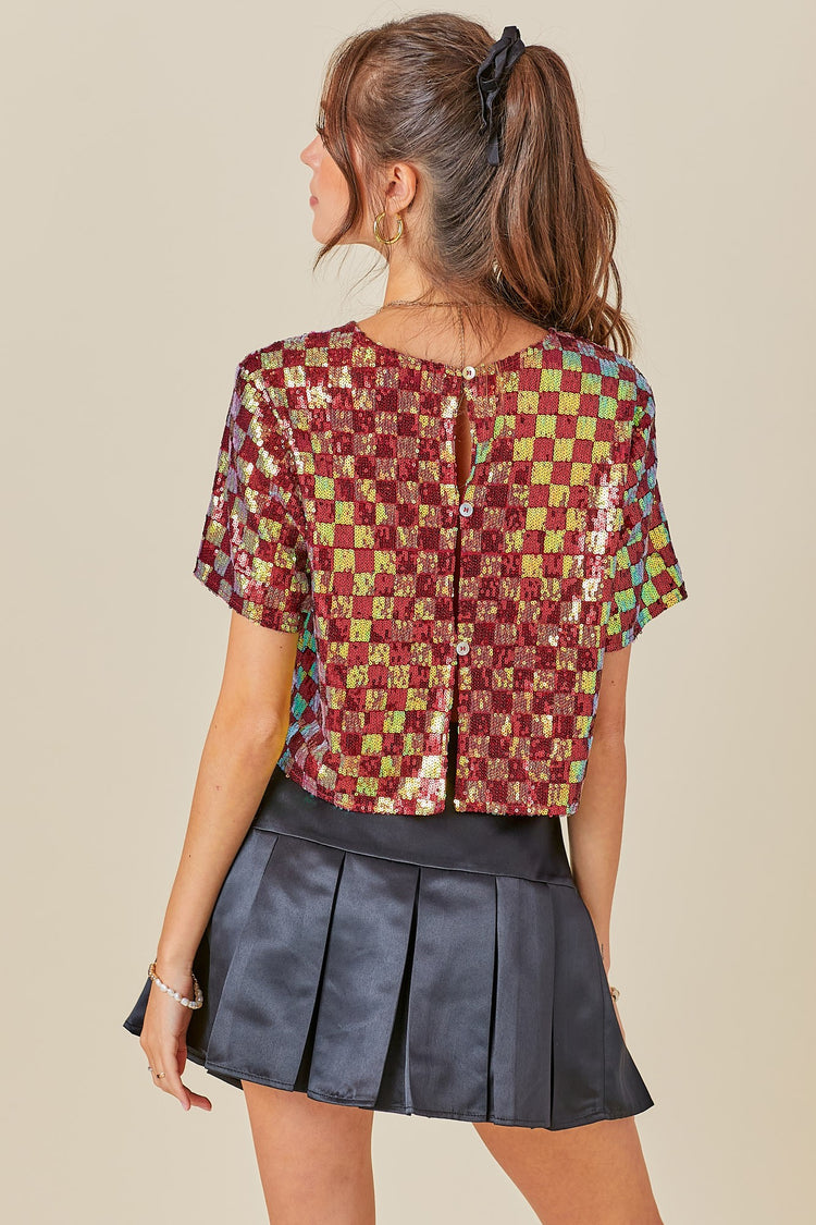 Game Day Glitz Checkered Sequin Crop Top
