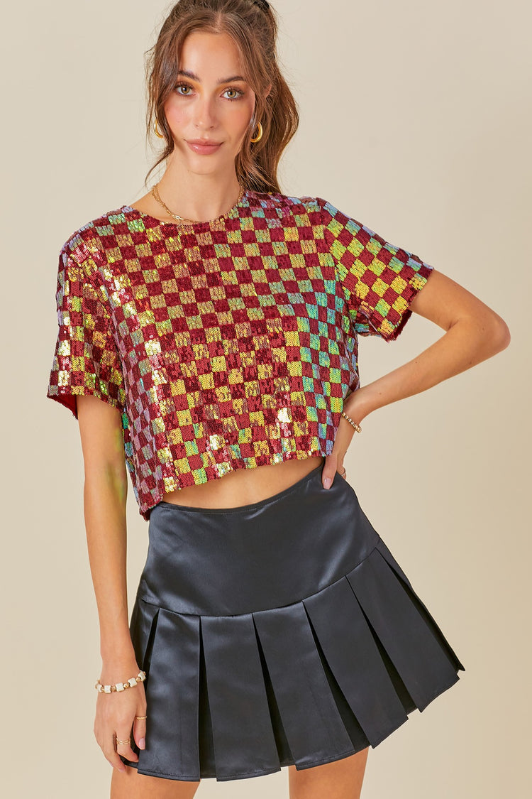Game Day Glitz Checkered Sequin Crop Top