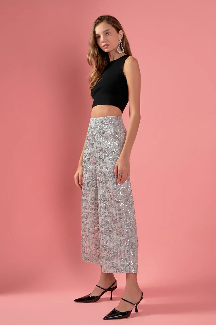 Silver Sequin Tweed Culotte Pants