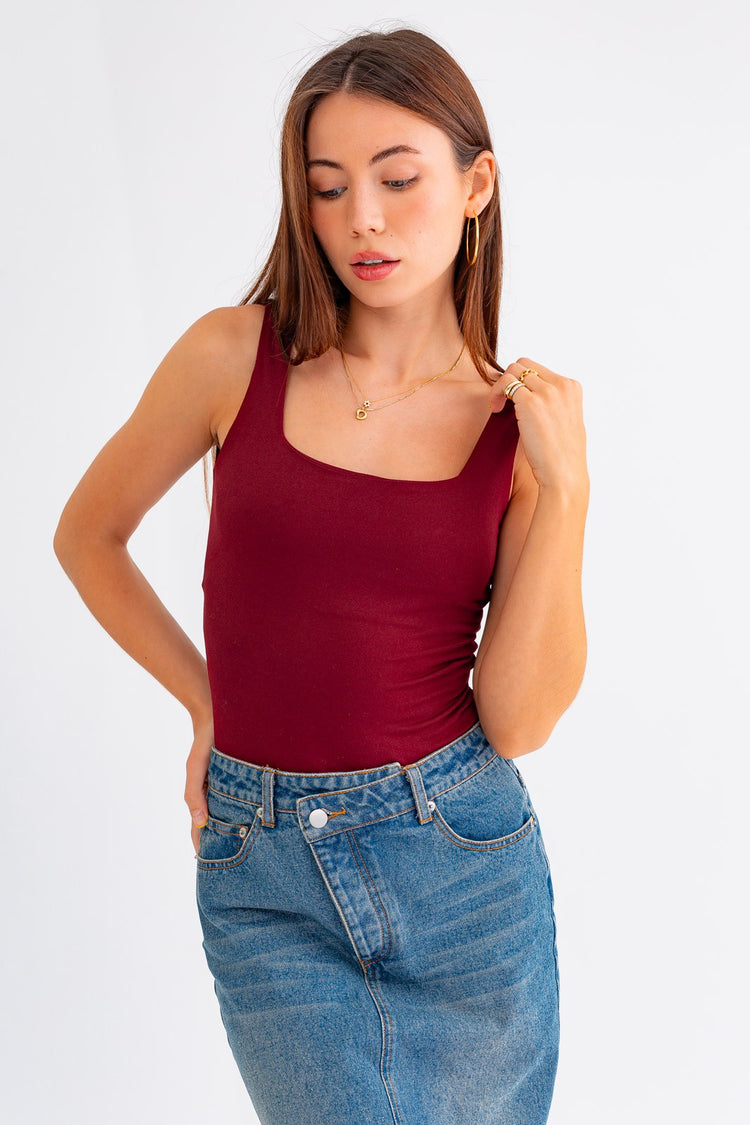 Maroon Square Neck Tank Bodysuit
