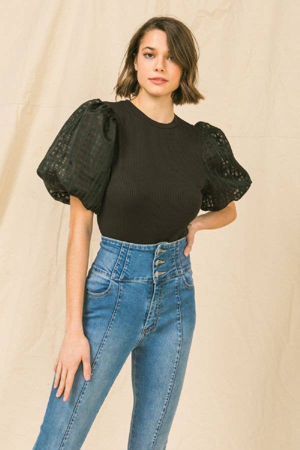 Black Balloon Puff Sleeve Top