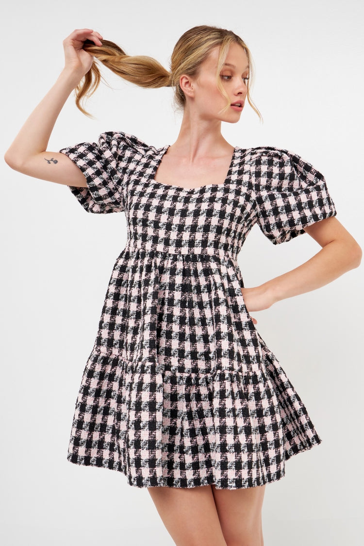 Genevieve Tweed Puff Sleeve Mini Dress