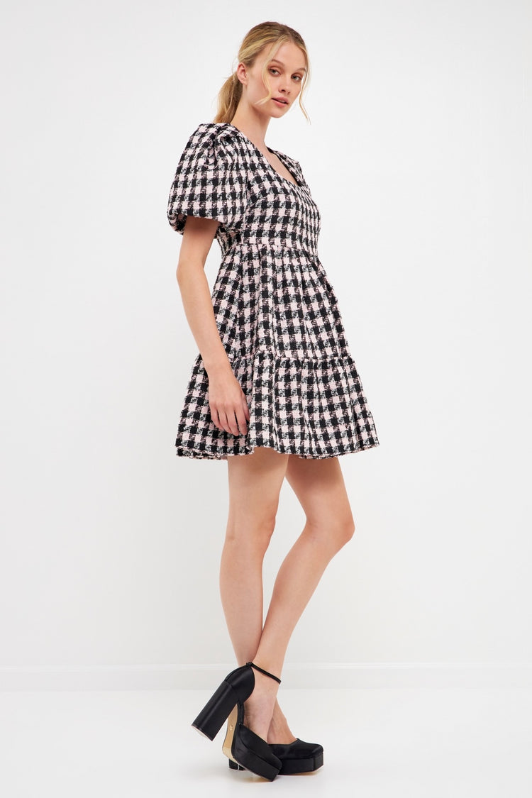 Genevieve Tweed Puff Sleeve Mini Dress