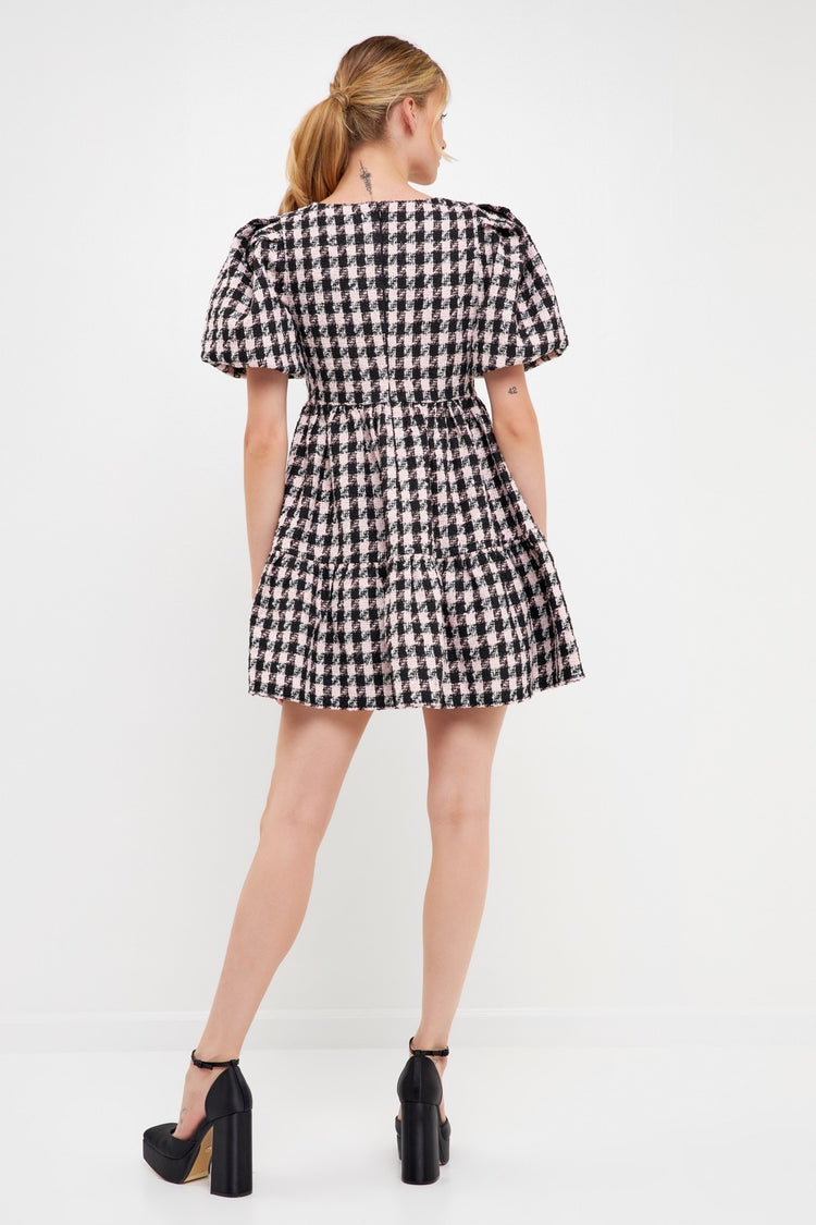 Genevieve Tweed Puff Sleeve Mini Dress
