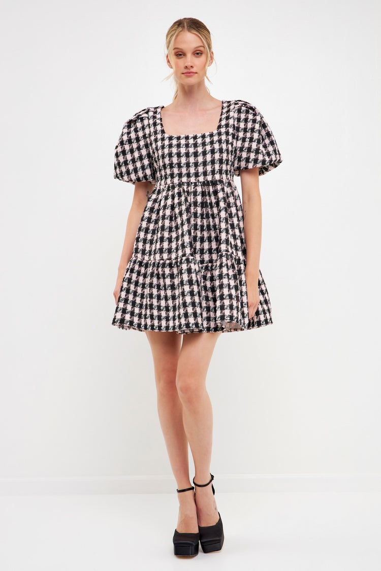 Genevieve Tweed Puff Sleeve Mini Dress