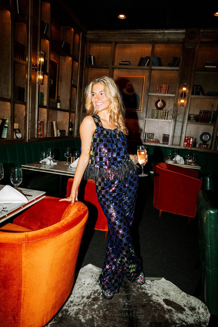 Queen of Sparkles - Black Sequin Checkered Feather Tank