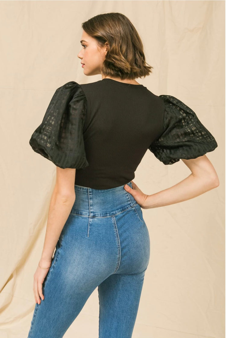 Black Balloon Puff Sleeve Top
