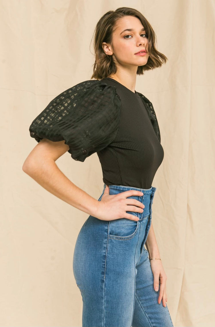 Black Balloon Puff Sleeve Top