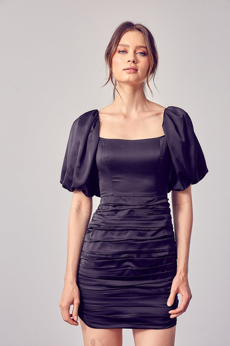 Black Satin Puff Sleeve Dress
