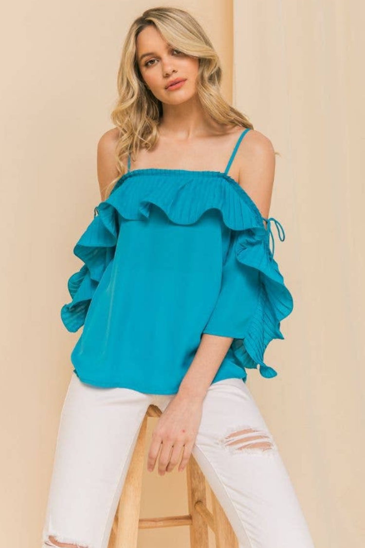 Teal Ruffle Sleeve Top
