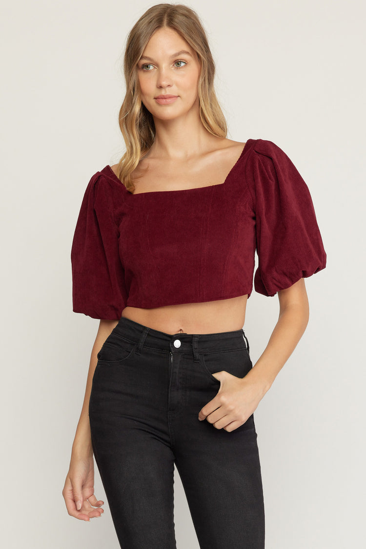 Katie Maroon Corduroy Crop Top