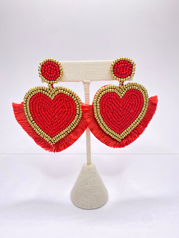 Red Fringe Heart Beaded Earrings