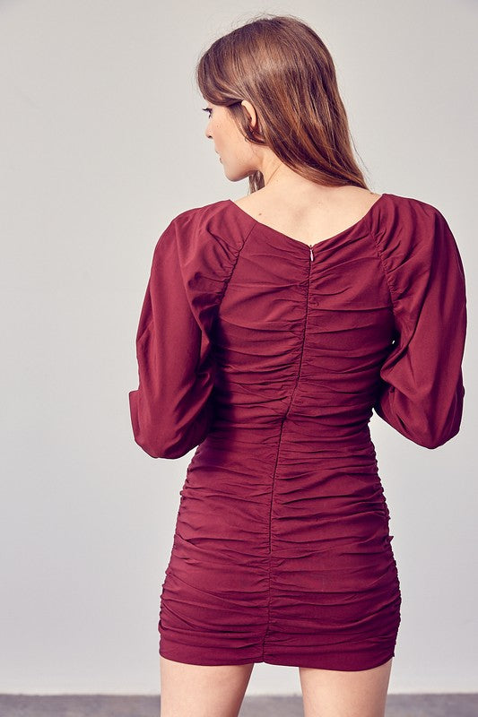 Maroon Ruched Long Sleeve Dress