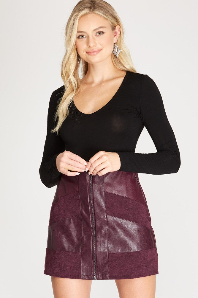 Suede and Faux Leather Zip Up Skirt
