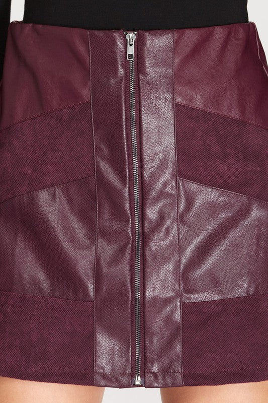 Suede and Faux Leather Zip Up Skirt