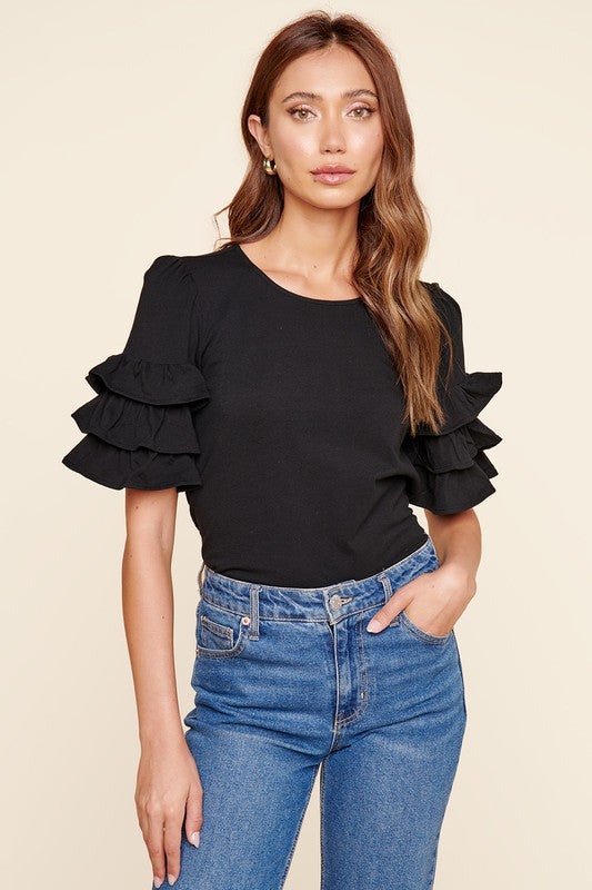 Black Ruffle Sleeve Top