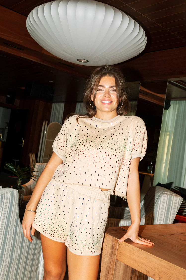 Queen of Sparkles - Beige Rainbow Rectangle Rhinestone Poof Sleeve Top