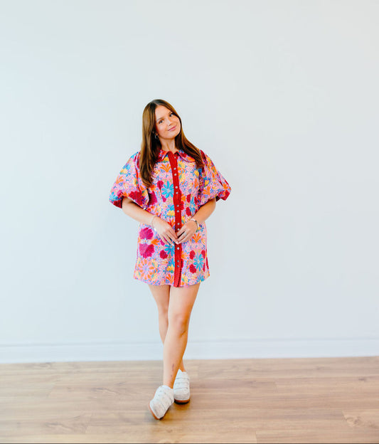 Groovy Floral Puff Sleeve Mini Dress