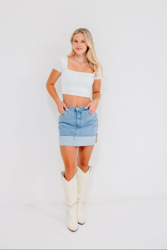 Daisy Cuffed Denim Mini Skirt
