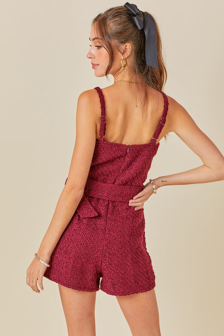 Rowdy Belted Romper - Maroon Tweed