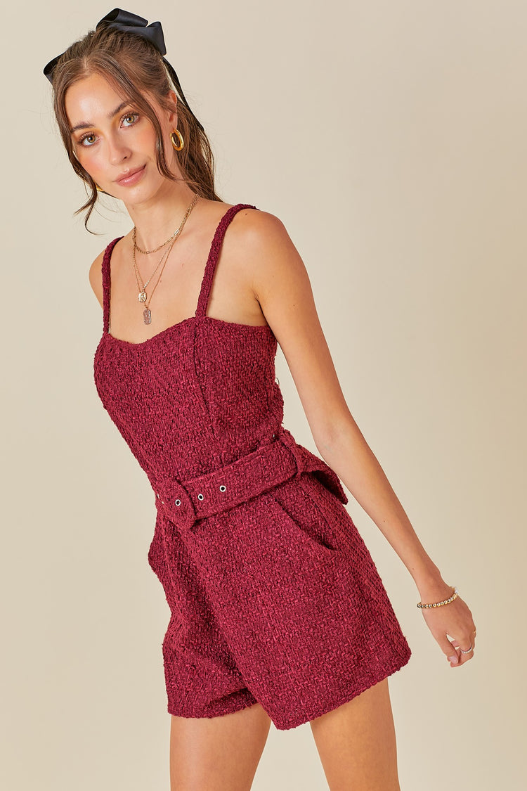 Rowdy Belted Romper - Maroon Tweed