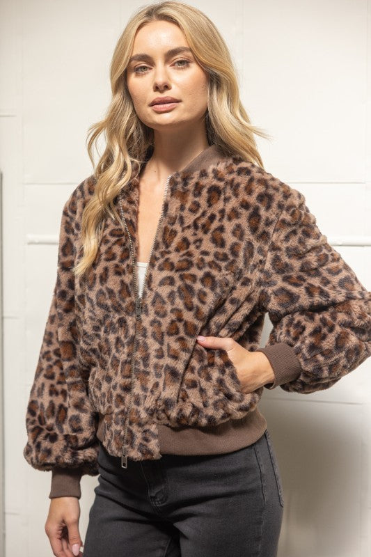 Leopard Faux Fur Bomber Jacket