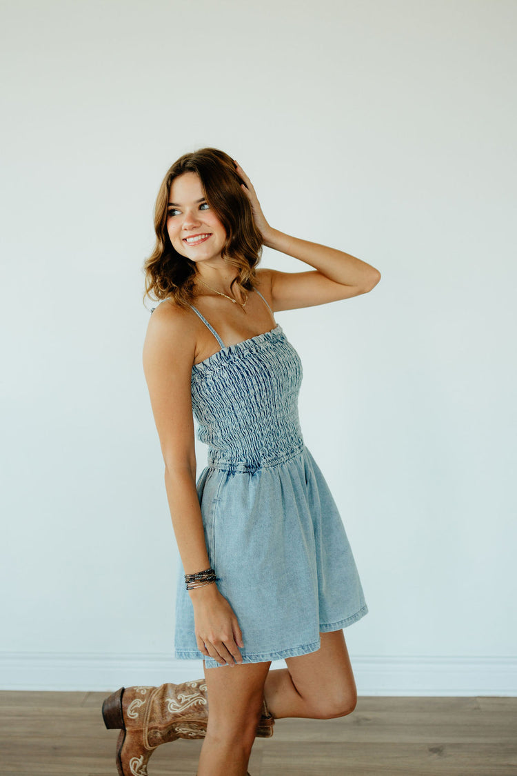 Stevie Smocked Denim Romper