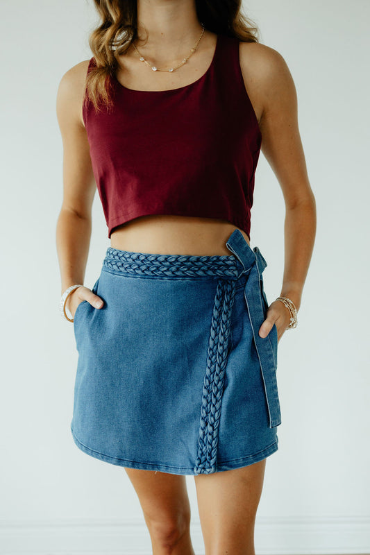 Blue Braided Bow Denim Skort