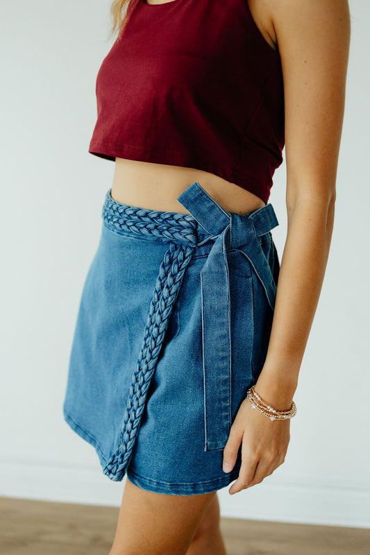 Blue Braided Bow Denim Skort