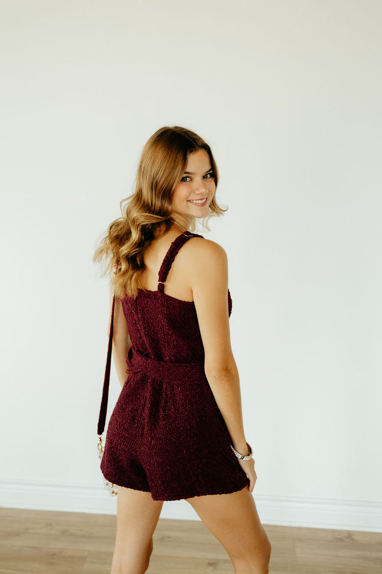 Rowdy Belted Romper - Maroon Tweed