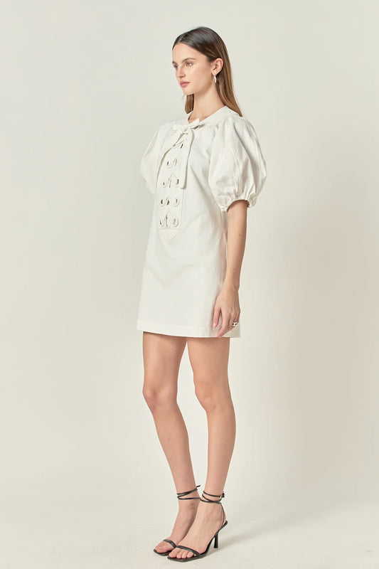 Laced Up Puff Sleeve Mini Dress