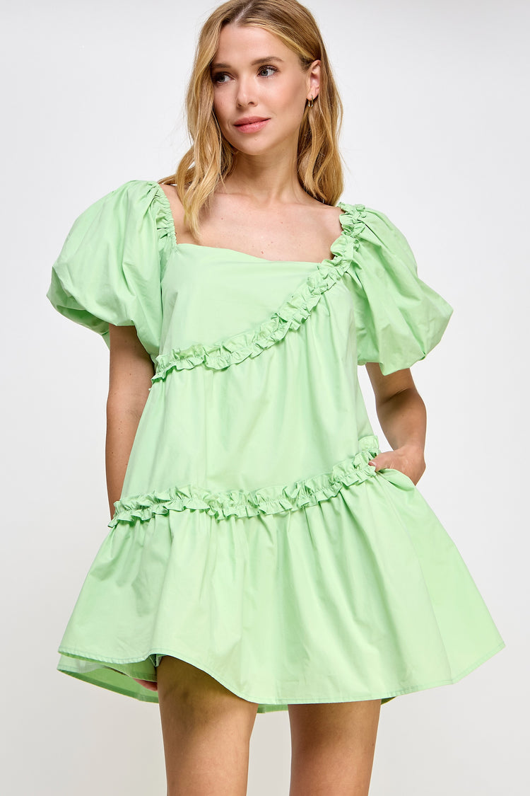 Matcha Asymmetric Ruffle Mini Dress