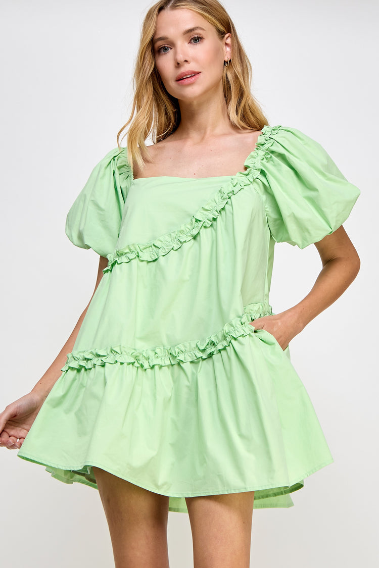 Matcha Asymmetric Ruffle Mini Dress