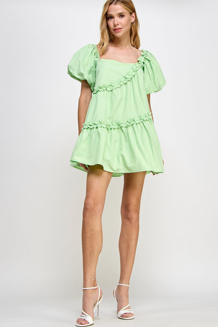 Matcha Asymmetric Ruffle Mini Dress