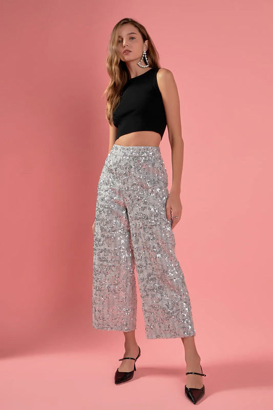 Silver Sequin Tweed Culotte Pants