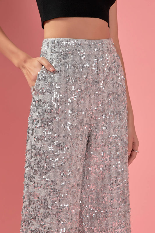 Silver Sequin Tweed Culotte Pants