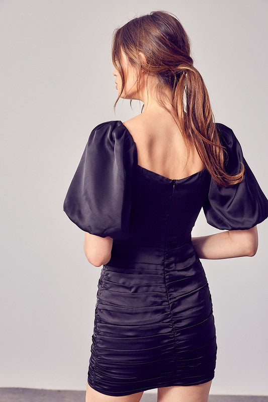 Black Satin Puff Sleeve Dress