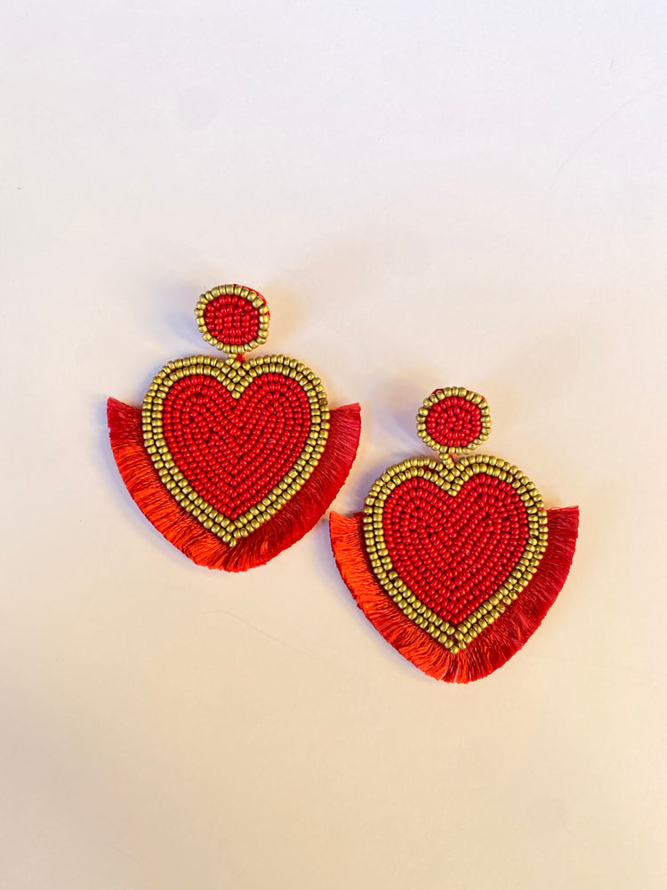 Red Fringe Heart Beaded Earrings